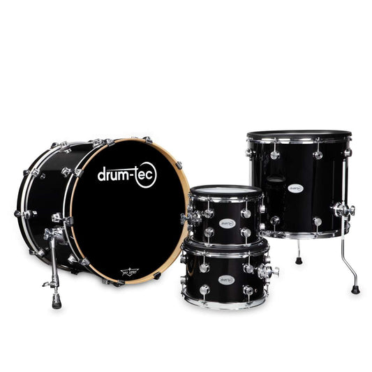 Black drum set with 'drum-tec' branding on a white background