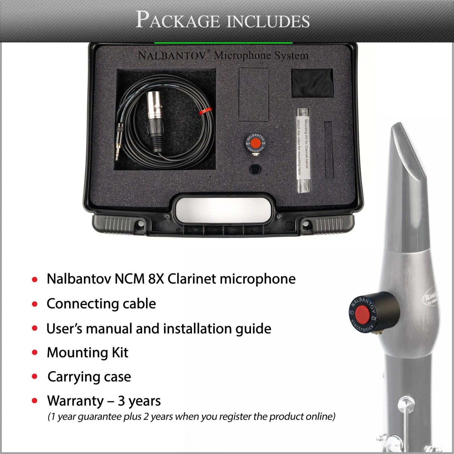 Clarinet Microphone Nalbantov NCM 8X S set – Pickup System, Cable, Mounting Kit