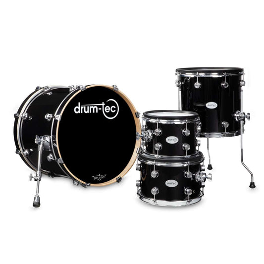 Black drum set with 'drum-tec' branding on a white background
