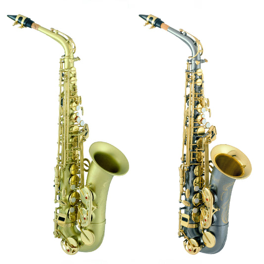 Two saxophones, one gold and one with a gray finish, on a white background.