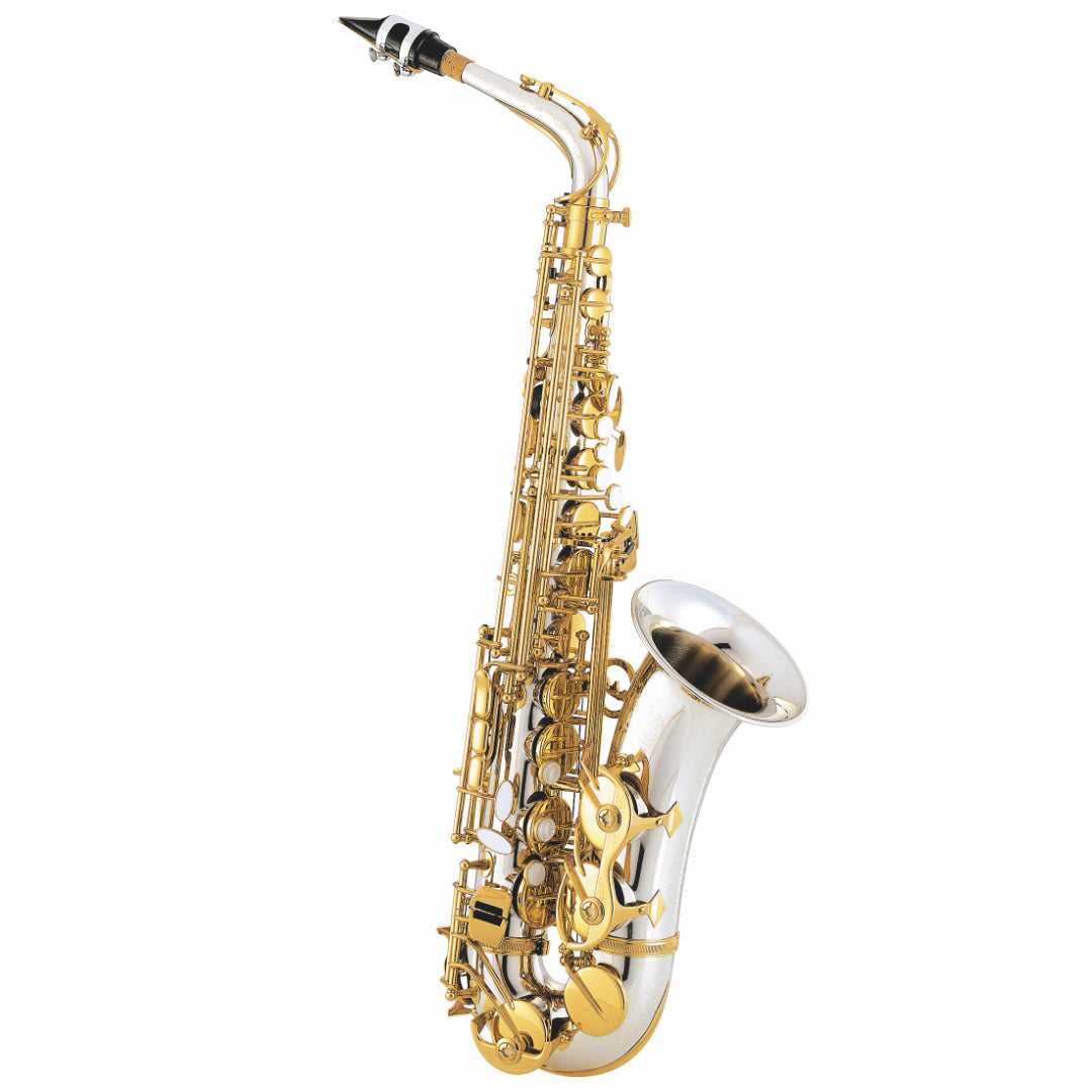 Gold and silver saxophone on a white background