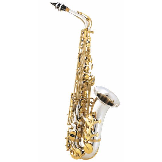 Gold and silver saxophone on a white background