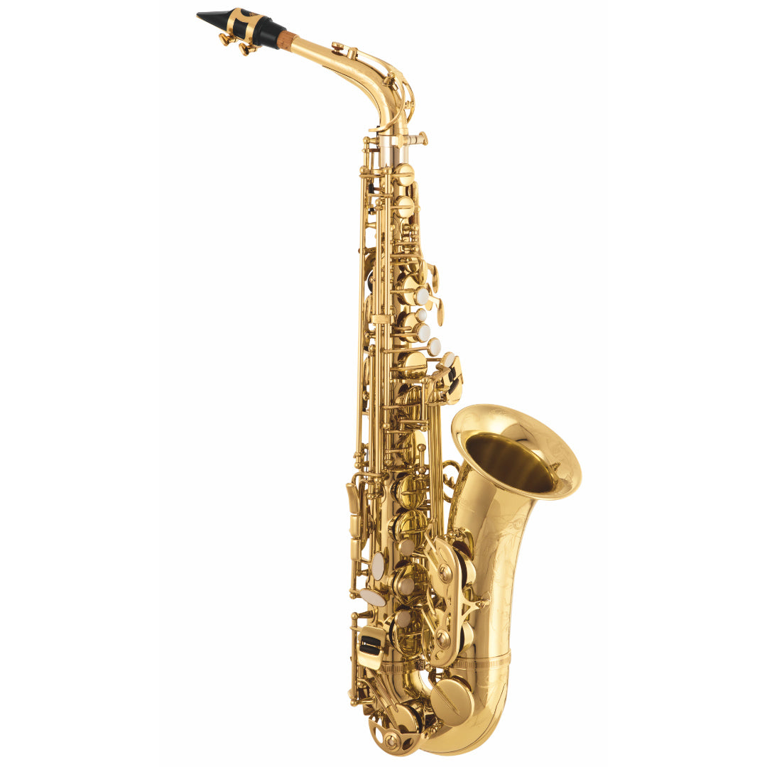 Gold saxophone on a white background