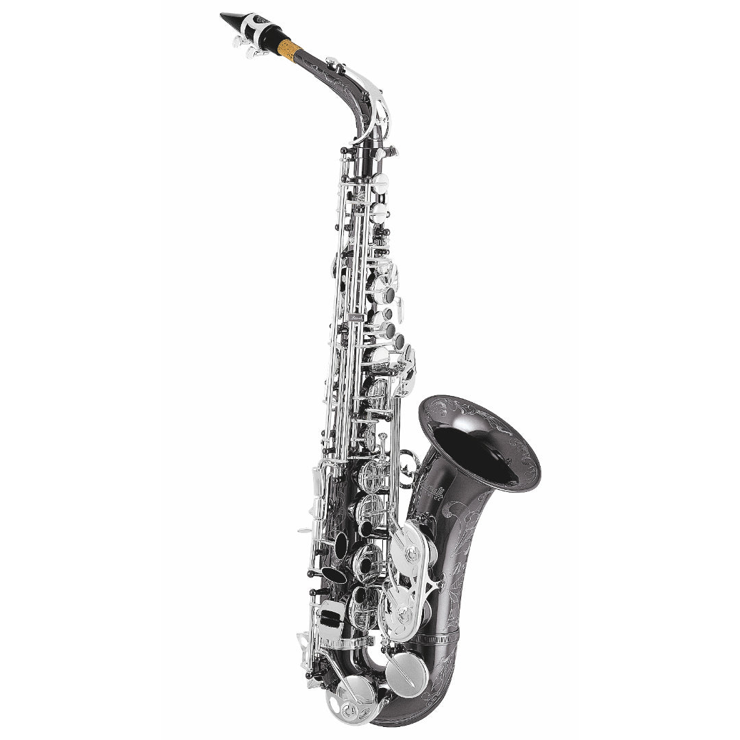 Silver saxophone on a white background