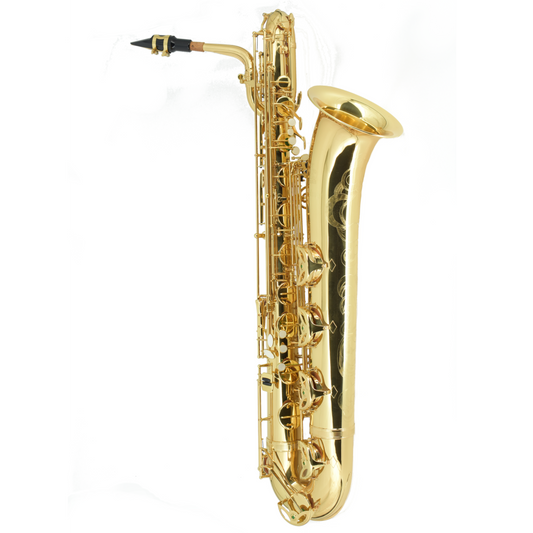 Gold saxophone on a white background