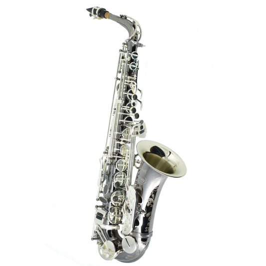 Silver saxophone on a white background