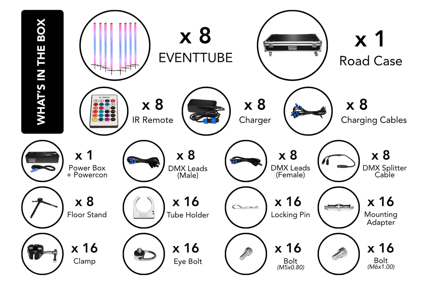 EVENTTUBEKIT - Outdoor LED Tube Package of 8 in a Road Case